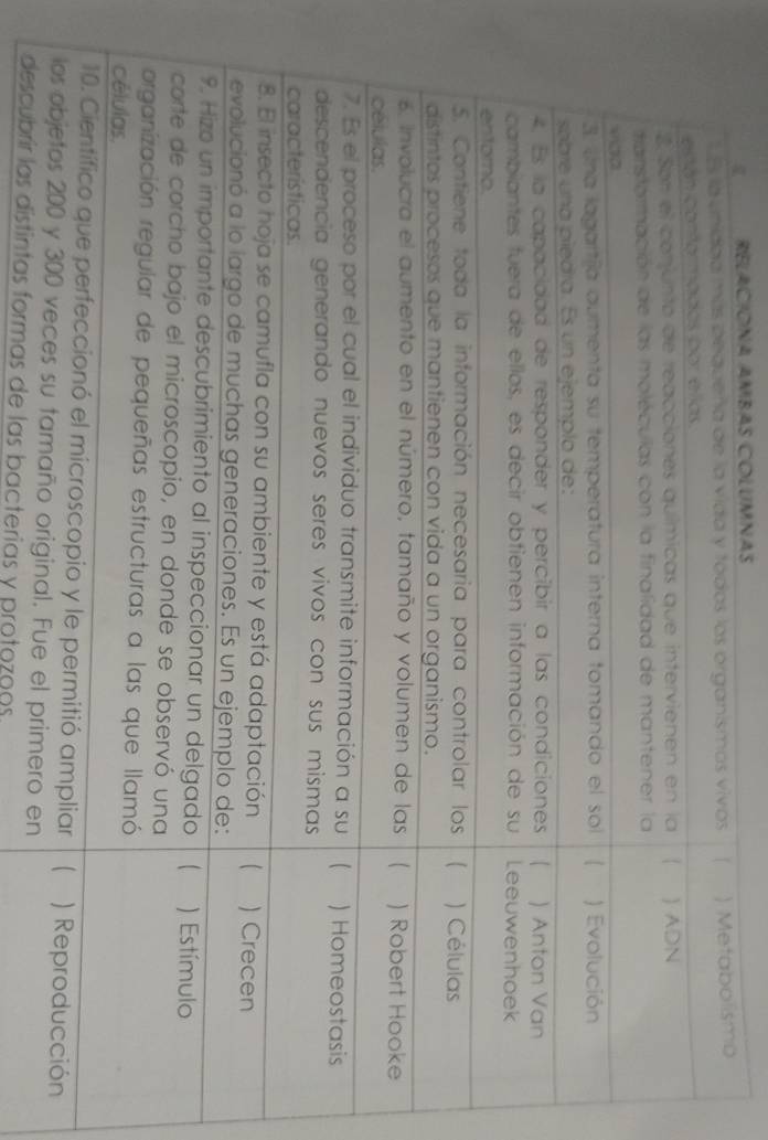 RELACÍÓNa AMbAS COLUMNas 
mo 
el primero en 
descubrír las distintas formas de las bacterias y protozoos