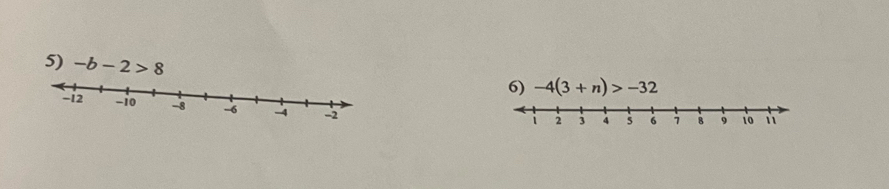 -b-2>8
6) -4(3+n)>-32