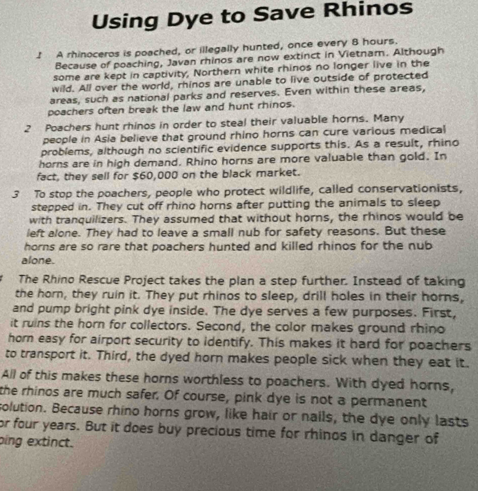 Using Dye to Save Rhinos 
J A rhinoceros is poached, or illegally hunted, once every 8 hours. 
Because of poaching, Javan rhinos are now extinct in Vietnam. Although 
some are kept in captivity, Northern white rhinos no longer live in the 
wild. All over the world, rhinos are unable to live outside of protected 
areas, such as national parks and reserves. Even within these areas, 
poachers often break the law and hunt rhinos. 
2 Poachers hunt rhinos in order to steal their valuable horns. Many 
people in Asia believe that ground rhino horns can cure various medical 
problems, although no scientific evidence supports this. As a result, rhino 
horns are in high demand. Rhino horns are more valuable than gold. In 
fact, they sell for $60,000 on the black market. 
3 To stop the poachers, people who protect wildlife, called conservationists, 
stepped in. They cut off rhino horns after putting the animals to sleep 
with tranquilizers. They assumed that without horns, the rhinos would be 
left alone. They had to leave a small nub for safety reasons. But these 
horns are so rare that poachers hunted and killed rhinos for the nub 
alone. 
The Rhino Rescue Project takes the plan a step further. Instead of taking 
the horn, they ruin it. They put rhinos to sleep, drill holes in their horns, 
and pump bright pink dye inside. The dye serves a few purposes. First, 
it ruins the horn for collectors. Second, the color makes ground rhino 
horn easy for airport security to identify. This makes it hard for poachers 
to transport it. Third, the dyed horn makes people sick when they eat it. 
All of this makes these horns worthless to poachers. With dyed horns, 
the rhinos are much safer. Of course, pink dye is not a permanent 
solution. Because rhino horns grow, like hair or nails, the dye only lasts 
or four years. But it does buy precious time for rhinos in danger of 
bing extinct.
