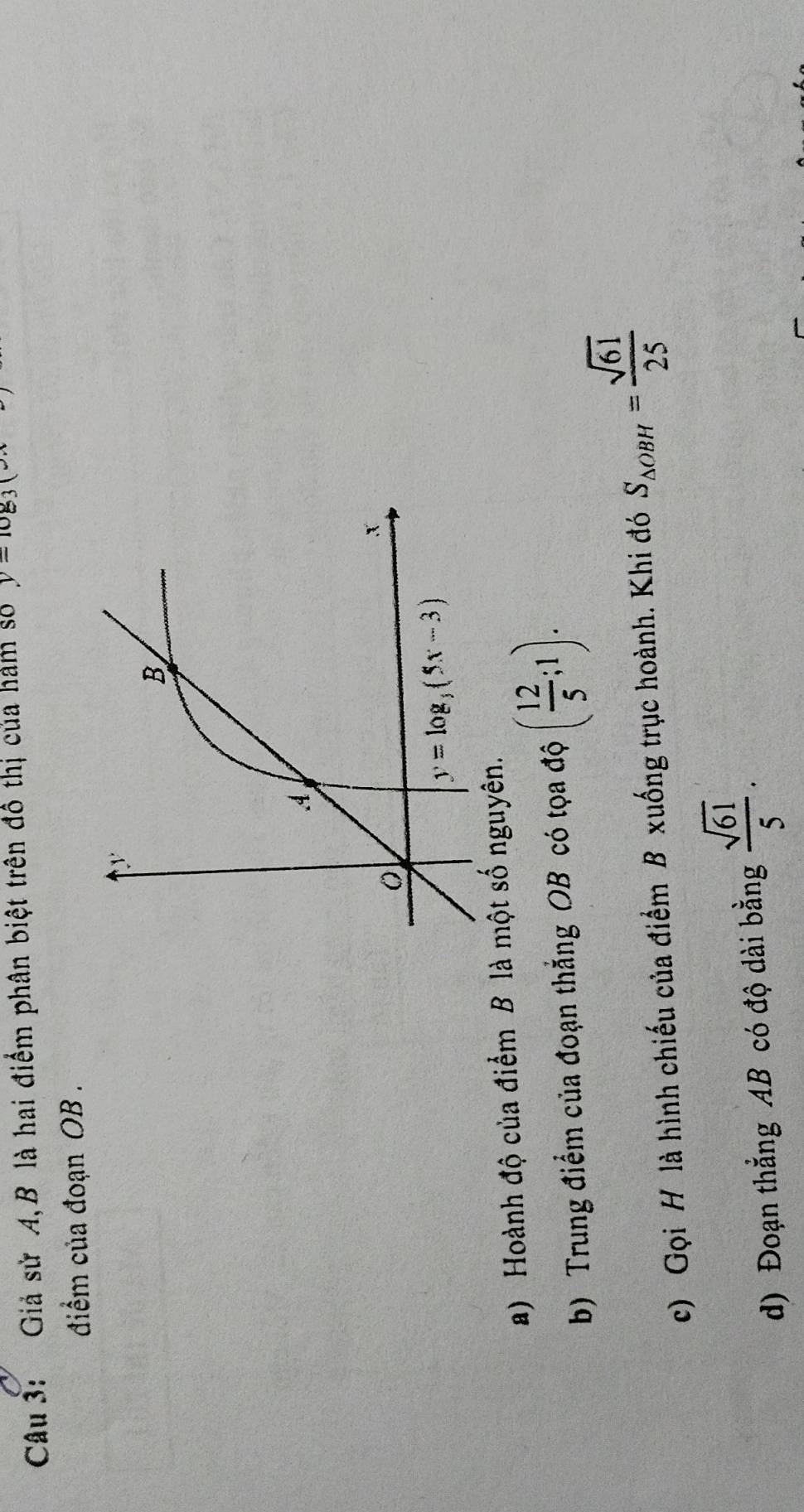 Giả sử A, B là hai điểm phân biệt trên đô thị của hám số y=log _3(x
điểm của đoạn OB.
B
4
x
y=log _5(5x-3)
a) Hoành độ của điểm B là một số nguyên.
b) Trung điểm của đoạn thắng OB có tọa độ ( 12/5 ;1).
c) Gọi H là hình chiếu của điểm B xuống trục hoành. Khi đó S_△ OBH= sqrt(61)/25 
d) Đoạn thẳng AB có độ dài bằng  sqrt(61)/5 .