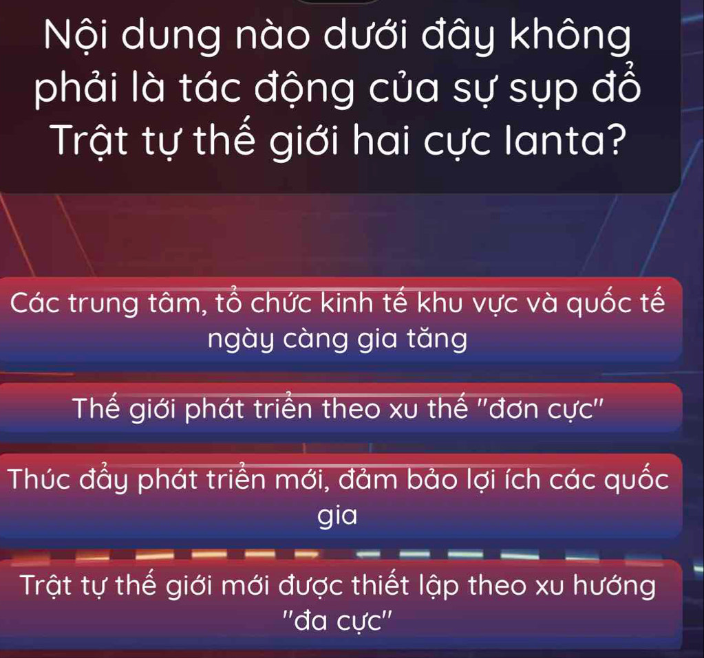 Nội dung nào dưới đây không
phải là tác động của sự sụp đổ
Trật tự thế giới hai cực lanta?
Các trung tâm, tổ chức kinh tế khu vực và quốc tế
ngày càng gia tǎng
Thế giới phát triển theo xu thế ''đơn cực''
Thúc đẩy phát triển mới, đảm bảo lợi ích các quốc
gia
Trật tự thế giới mới được thiết lập theo xu hướng
''đa cực''