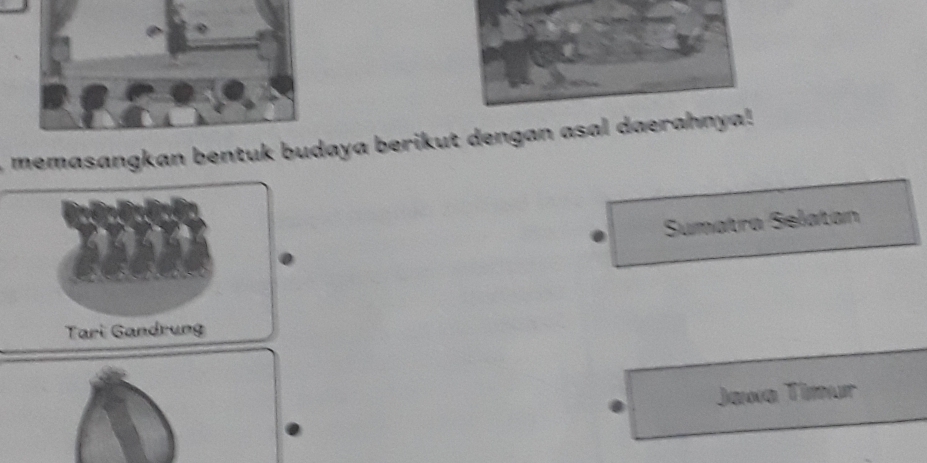 memasangkan bentuk budaya berikut dengan asal daerahnya! 
Sumatra Selatan 
Tari Gandrung 
Jawa Timur