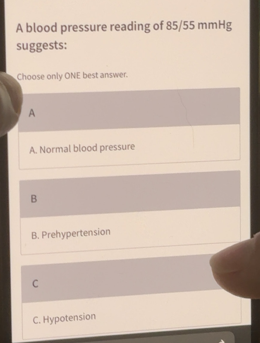 Solved: A blood pressure reading of 85/55 mmHg suggests: Choose only ...