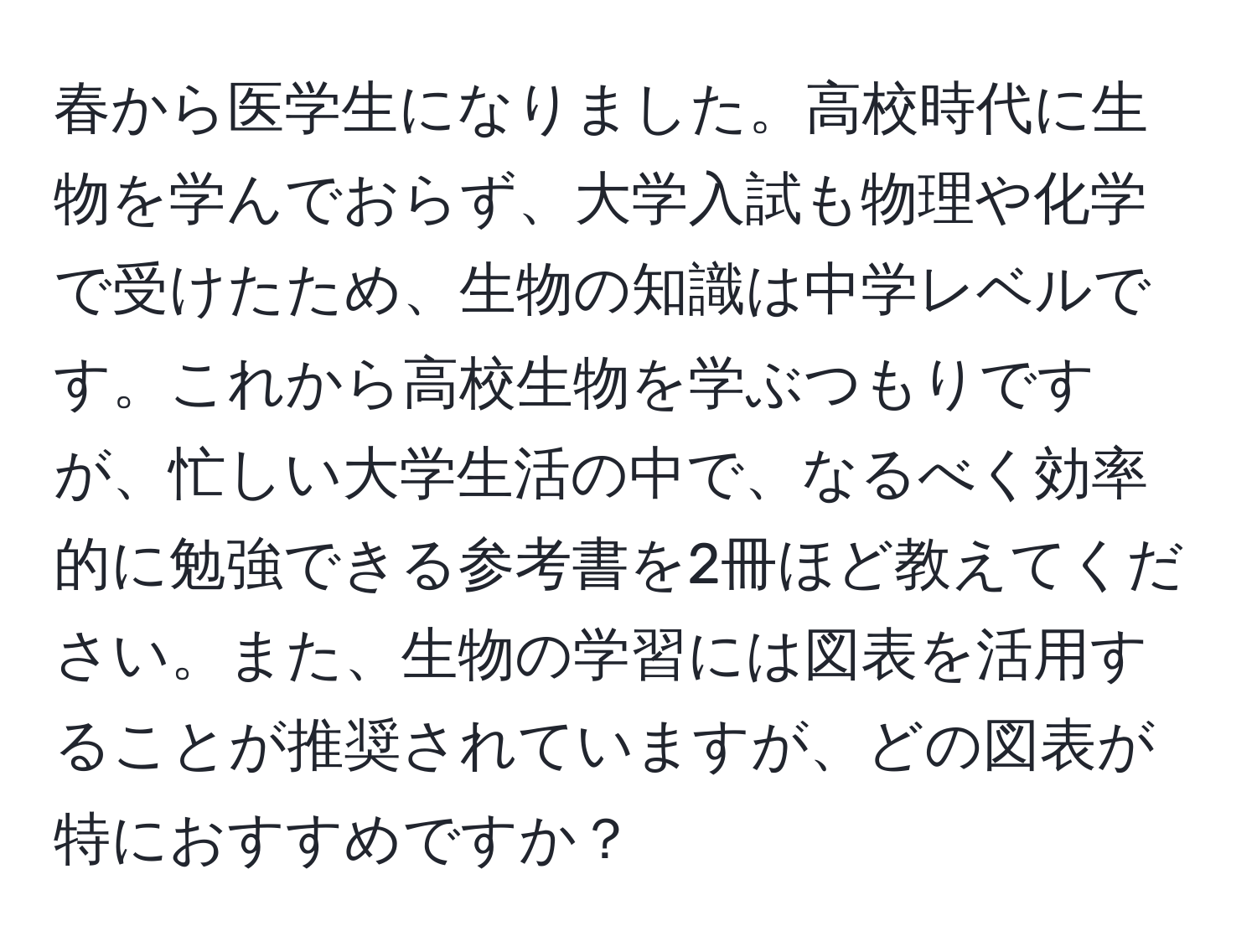 春から医学生になりました。高校時代に生物を学んでおらず、大学入試も物理や化学で受けたため、生物の知識は中学レベルです。これから高校生物を学ぶつもりですが、忙しい大学生活の中で、なるべく効率的に勉強できる参考書を2冊ほど教えてください。また、生物の学習には図表を活用することが推奨されていますが、どの図表が特におすすめですか？