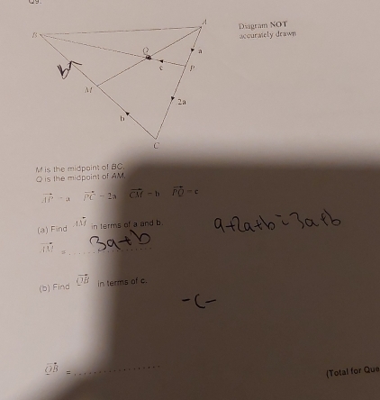 Diagram NOT 
accuraiely drawn
M is the midpaint of BC.
Q is the midpoint of AM,
vector AP-a vector PC-2a vector CM=b vector PQ-c
(a) Find AM in terms of a and b.
vector AM=
(b) Find vector QB in terms of c.
overline OB= _ 
(Total for Que