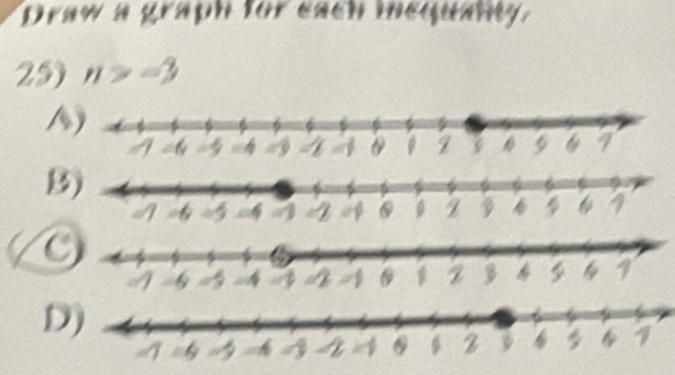 Draw a graph for each inequaltly. 
25) n>-3
D