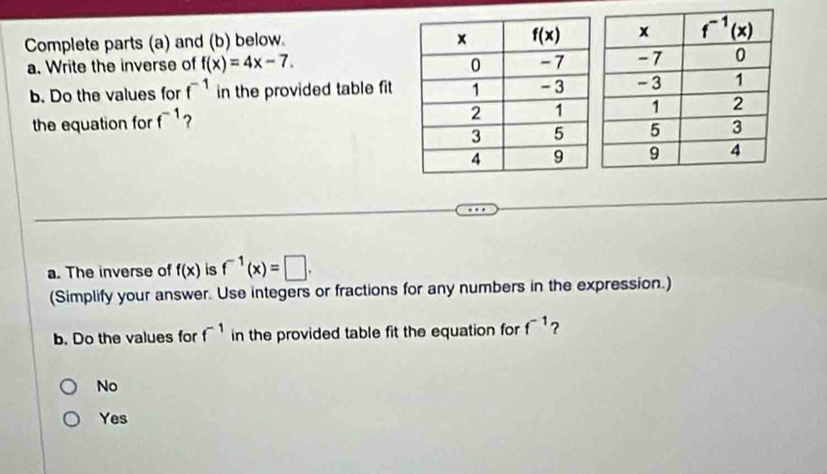 Complete parts (a) and (b) below. 
a. Write the inverse of f(x)=4x-7.
b. Do the values for f^(-1) in the provided table fit 
the equation for f^(-1) ?
a. The inverse of f(x) is f^(-1)(x)=□ .
(Simplify your answer. Use integers or fractions for any numbers in the expression.)
b. Do the values for f^(-1) in the provided table fit the equation for f^(-1) ?
No
Yes