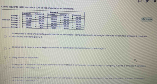 Con la siguiente tabla encontrar cuál de los enunciados es verdadero.
0:19:45
La empresa B tiene una estrategía dominante en estrategía 1 comparada con la estrategía 3 siempre y cuando la empresa A considere
a. dominada la estrategia 3 y 4.
b. La empresa A tiene una estrategía dominante en estrategía 3 comparada con la estrategía 2.
= Ninguna de las anteriores
La empresa B tiene una estrategía dominante en estratecia 4 comparada con la estrategía 5 siempre y cuando la empresa A considere
dominada la estrategía 1 y 2
La empresa A tiene una estrategía dom nante en estralegia 1 comparado con la estraled a 3 siembre y cuando la empresa B considere
dominada la estrategia .