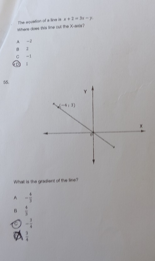 The equation of a line is x+2=3x-y.
Where does this line cut the X-axis?
A -2
B 2
C -1
D 1
55.
What is the gradient of the line?
A - 4/3 
B  4/3 
6 - 3/4 
 3/4 