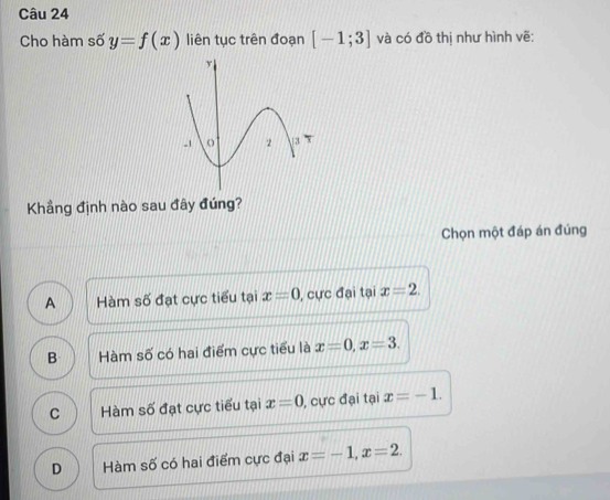 Cho hàm số y=f(x) liên tục trên đoạn [-1;3] và có đồ thị như hình vẽ:
Khẳng định nào sau đây đúng?
Chọn một đáp án đúng
A Hàm số đạt cực tiểu tại x=0 , cực đại tại x=2.
B Hàm số có hai điểm cực tiểu là x=0, x=3.
C Hàm số đạt cực tiểu tại x=0 , cực đại tại x=-1.
D Hàm số có hai điểm cực đại x=-1, x=2.