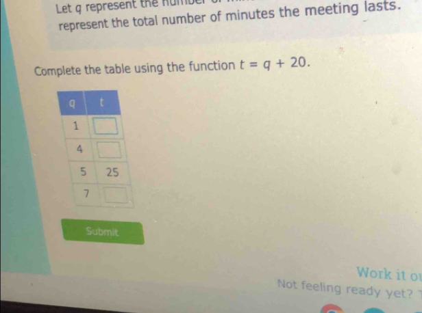 Let g represent the number
represent the total number of minutes the meeting lasts.
Complete the table using the function t=q+20.
Submit
Work it o
Not feeling ready yet?