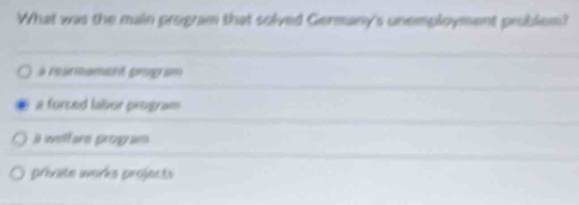 What was the main program that solved Germany's unemployment prublem?
a rearmamant grog am
a forced labor program
a welfare pronga
private works projects