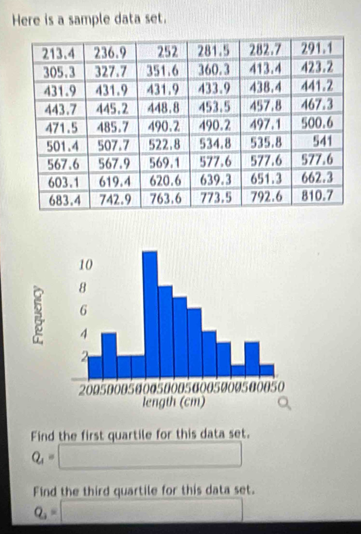 Here is a sample data set. 
Find the first quartile for this data set.
Q_1=□
Find the third quartile for this data set.
Q_3=□