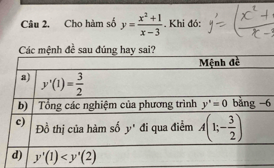 Cho hàm số y= (x^2+1)/x-3 . Khi đó:
Các mệnh đề sau đúng hay sai?
6