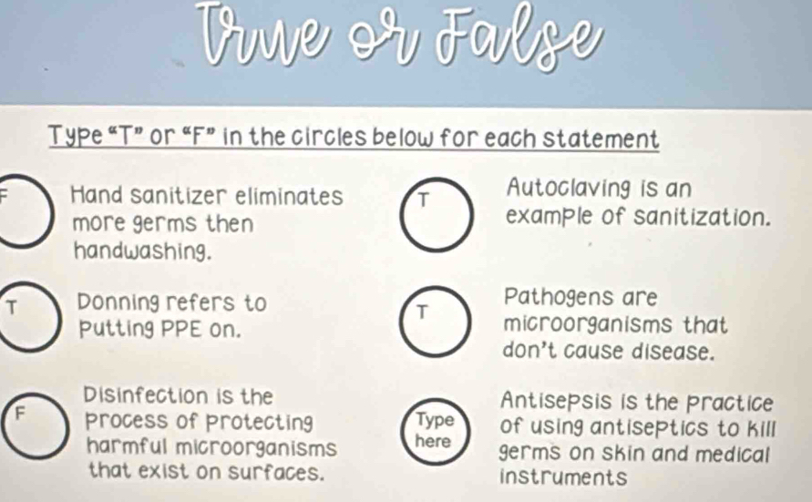 Tive or False 
Type “T” or “F” in the circles below for each statement 
Hand sanitizer eliminates T Autoclaving is an 
more germs then example of sanitization. 
handwashing. 
T Donning refers to 
Pathogens are 
T 
Putting PPE on. microorganisms that 
don't cause disease. 
Disinfection is the Antisepsis is the practice 
F process of protecting Type of using antiseptics to kill 
harmful microorganisms here germs on skin and medical 
that exist on surfaces. instruments