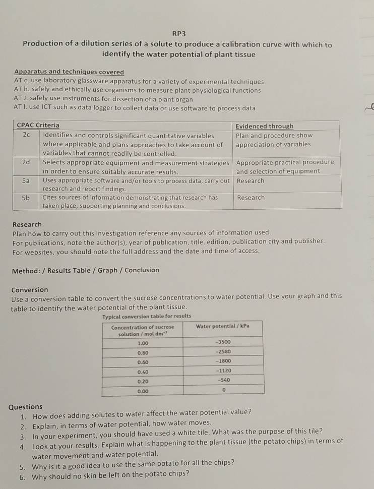 RP3
Production of a dilution series of a solute to produce a calibration curve with which to
identify the water potential of plant tissue
Apparatus and techniques covered
AT c. use laboratory glassware apparatus for a variety of experimental techniques
AT h. safely and ethically use organisms to measure plant physiological functions
AT J. safely use instruments for dissection of a plant organ
AT I. use ICT such as data logger to collect data or use software to process data
Research
Plan how to carry out this investigation reference any sources of information used.
For publications, note the author(s), year of publication, title, edition, publication city and publisher.
For websites, you should note the full address and the date and time of access.
Method: / Results Table / Graph / Conclusion
Conversion
Use a conversion table to convert the sucrose concentrations to water potential. Use your graph and this
table to identify the water potential of the plant tissue.
conversion table for results
Questions
1. How does adding solutes to water affect the water potential value?
2. Explain, in terms of water potential, how water moves.
3. In your experiment, you should have used a white tile. What was the purpose of this tile?
4. Look at your results. Explain what is happening to the plant tissue (the potato chips) in terms of
water movement and water potential.
5. Why is it a good idea to use the same potato for all the chips?
6. Why should no skin be left on the potato chips?