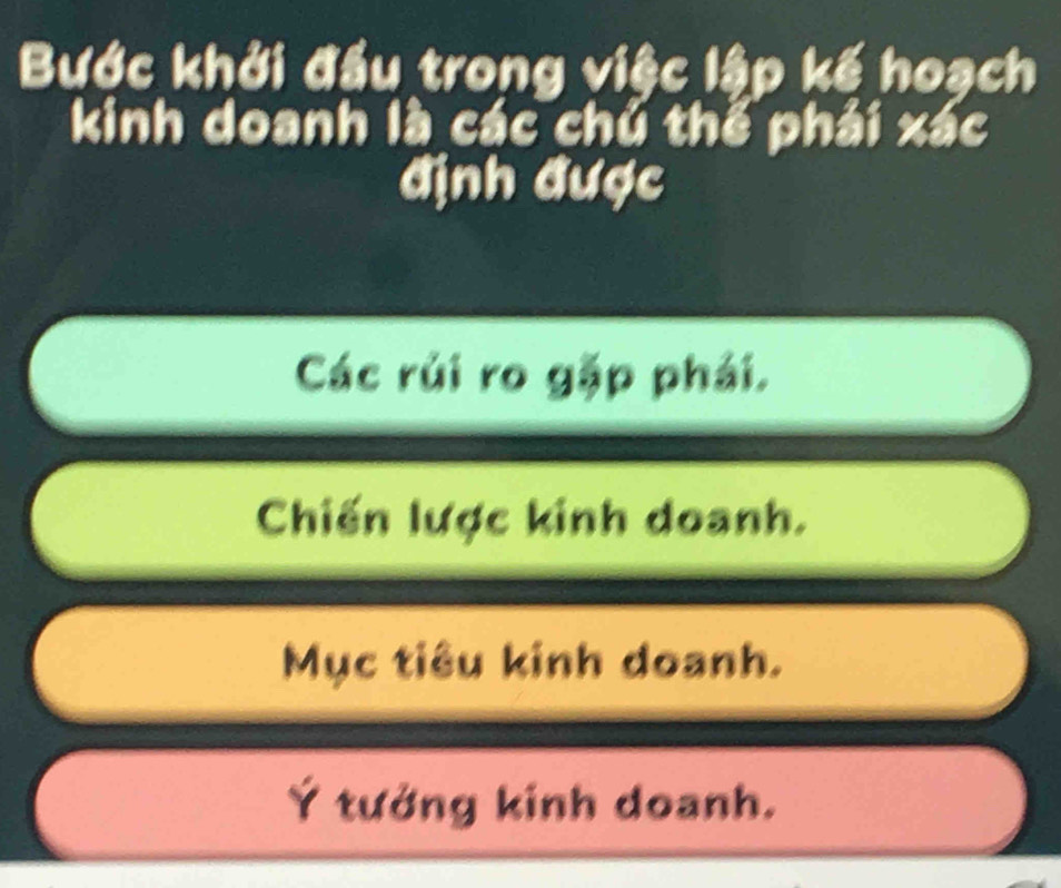 Bước khởi đầu trong việc lập kế hoạch
kinh doanh là các chú thể phái xác
định được
Các rủi ro gặp phái.
Chiến lược kinh doanh.
Mục tiêu kinh doanh.
Ý tướng kinh doanh.