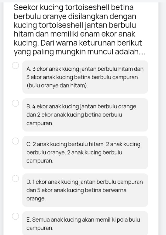 Seekor kucing tortoiseshell betina
berbulu oranye disilangkan dengan
kucing tortoiseshell jantan berbulu
hitam dan memiliki enam ekor anak
kucing. Dari warna keturunan berikut
yang paling mungkin muncul adalah....
A. 3 ekor anak kucing jantan berbulu hitam dan
3 ekor anak kucing betina berbulu campuran
(bulu oranye dan hitam).
B. 4 ekor anak kucing jantan berbulu orange
dan 2 ekor anak kucing betina berbulu
campuran.
C. 2 anak kucing berbulu hitam, 2 anak kucing
berbulu oranye, 2 anak kucing berbulu
campuran.
D. 1 ekor anak kucing jantan berbulu campuran
dan 5 ekor anak kucing betina berwarna
orange.
E. Semua anak kucing akan memiliki pola bulu
campuran.