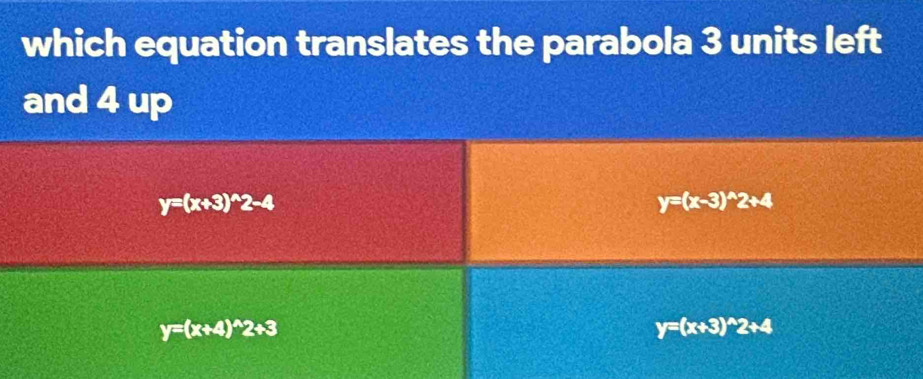 which equation translates the parabola 3 units left
and 4 up
y=(x+3)^wedge 2-4
y=(x-3)^wedge 2+4
y=(x+4)^wedge 2+3
y=(x+3)^wedge 2+4