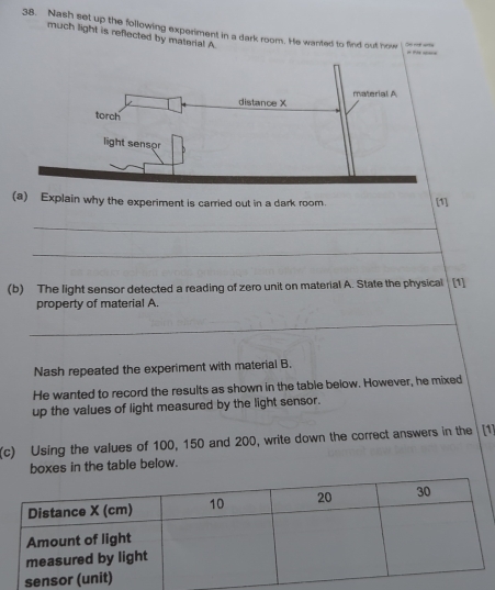 Nash set up the following experiment in a dark room. He wanted to find out hr Oo not wrta 
much light is reflected by material A. 

(a) Explain why the experiment is carried out in a dark room. [1] 
_ 
_ 
(b) The light sensor detected a reading of zero unit on material A. State the physical [1] 
property of material A. 
_ 
Nash repeated the experiment with material B. 
He wanted to record the results as shown in the table below. However, he mixed 
up the values of light measured by the light sensor. 
(c) Using the values of 100, 150 and 200, write down the correct answers in the [1] 
boxes in the table below.