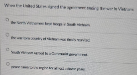 When the United States signed the agreement ending the war in Vietnam:
the North Vietnamese kept troops in South Vietnam.
the war-torn country of Vietnam was finally reunited.
South Vietnam agreed to a Communist government.
peace came to the region for almost a dozen years.