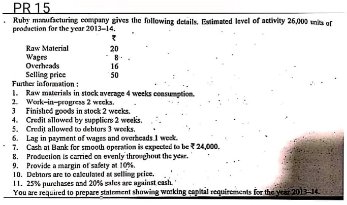 PR 15 
、 Ruby manufacturing company gives the following details. Estimated level of activity 26,000 units of 
production for the year 2013 -14. 
Raw Material 20
Wages 8
Overheads 16
Selling price 50
Further information : 
1. Raw materials in stock average 4 weeks consumption. 
2. Work-in-progress 2 weeks. 
3 Finished goods in stock 2 weeks. 
4. Credit allowed by suppliers 2 weeks. 
5. Credit allowed to debtors 3 weeks. 
6. Lag in payment of wages and overheads 1 week. 
7. Cash at Bank for smooth operation is expected to be ₹ 24,000. 
8. Production is carried on evenly throughout the year. 
9. Provide a margin of safety at 10%. 
10. Debtors are to calculated at selling price. 
11. 25% purchases and 20% sales are against cash. 
You are required to prepare statement showing working capital requirements for the year 2013 -14.