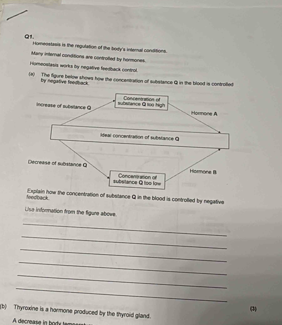 Homeostasis is the regulation of the body's internal conditions. 
Many internal conditions are controlled by hormones. 
Homeostasis works by negative feedback control. 
(a) The figure below shows how the concentration of substance Q in the blood is controlled 
by negative feedback. 
tion of substance Q in the blood is controlled by negative 
feedback. 
Use information from the figure above. 
_ 
_ 
_ 
_ 
_ 
_ 
(3) 
(b) Thyroxine is a hormone produced by the thyroid gland. 
A decrease in body tem
