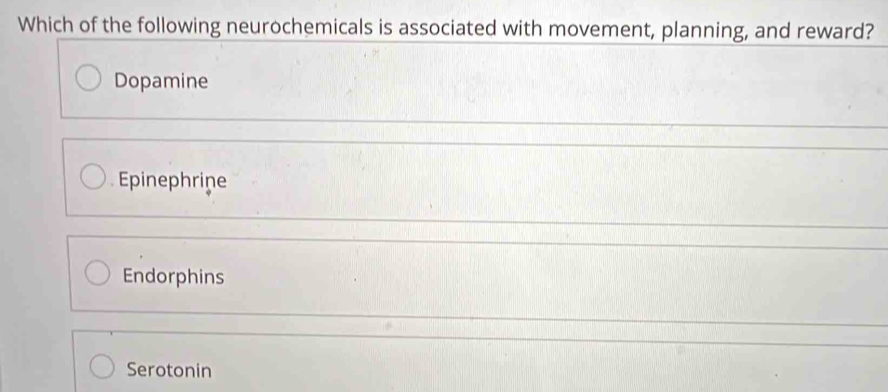 Which of the following neurochemicals is associated with movement, planning, and reward?
Dopamine
Epinephrine
Endorphins
Serotonin