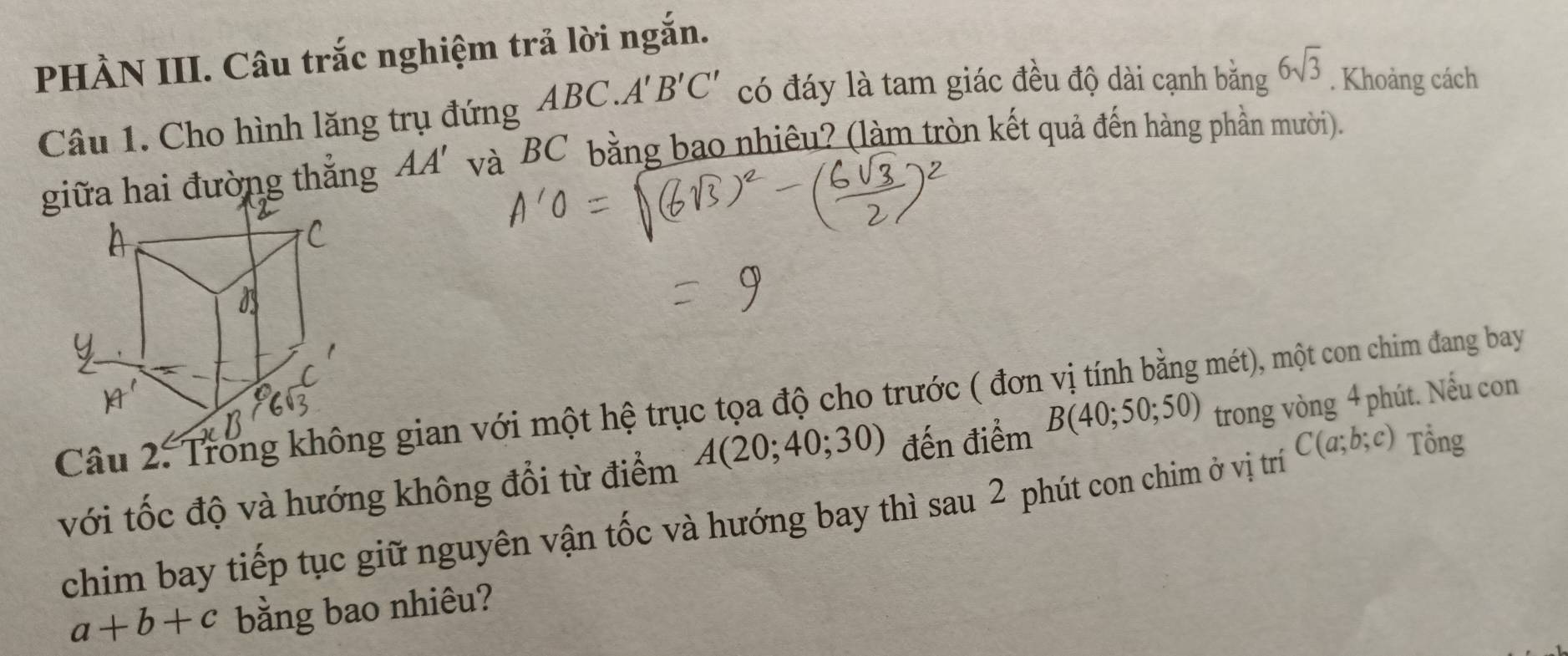 PHÀN III. Câu trắc nghiệm trả lời ngắn. 
Câu 1. Cho hình lăng trụ đứng ABC.A'B'C' có đáy là tam giác đều độ dài cạnh bằng 6sqrt(3). Khoảng cách 
giữa hai đường thẳng AA' và BC bằng bao nhiêu? (làm tròn kết quả đến hàng phần mười). 
Câu 2: Trong khg gian với một hệ trục tọa độ cho trước ( đơn vị tính bằng mét), một con chim đang bay 
với tốc độ và hướng không đổi từ điểm A(20;40;30) đến điểm B(40;50;50) trong vòng 4 phút. Nếu con 
chim bay tiếp tục giữ nguyên vận tốc và hướng bay thì sau 2 phút con chim ở vị trí C(a;b;c) Tổng
a+b+c bằng bao nhiêu?