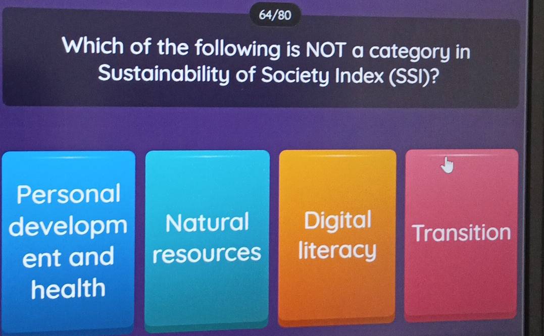 64/80
Which of the following is NOT a category in
Sustainability of Society Index (SSI)?
Personal
developm Natural Digital
Transition
ent and resources literacy
health