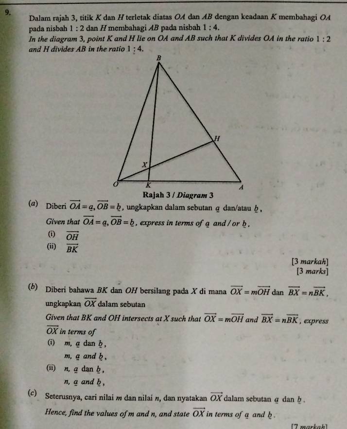 Dalam rajah 3, titik K dan Hterletak diatas OA dan AB dengan keadaan K membahagi OA
pada nisbah 1:2 dan H membahagi AB pada nisbah 1:4.
In the diagram 3, point K and H lie on OA and AB such that K divides OA in the ratio 1:2
and H divides AB in the ratio
(a) Diberi vector OA=a,vector OB=b , ungkapkan dalam sebutan α dan/atau φ ,
Given that vector OA=a,vector OB=b , express in terms of a and / or b ,
(i) vector OH
(ii) vector BK
[3 markah]
[3 marks]
(b) Diberi bahawa BK dan OH bersilang pada X di mana vector OX=mvector OH dan vector BX=nvector BK,
ungkapkan vector OX dalam sebutan
Given that BK and OH intersects at X such that vector OX=mvector OH and vector BX=nvector BK , express
vector OX in terms of
(i) m, a dan h,
m,a and b ,
(ii) n, g dan b ,
n, a and b ,
(c) Seterusnya, cari nilai m dan nilai n, dan nyatakan vector OX dalam sebutan α dan h .
Hence, find the values of m and n, and state vector OX in terms of a and b .
[7 markah]