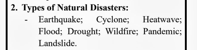 Solved: Types of Natural Disasters: - Earthquake; Cyclone; Heatwave ...