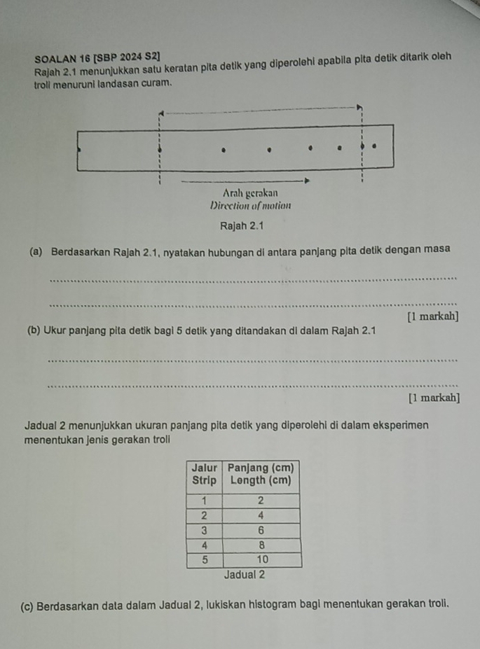 SOALAN 16 [SBP 2024 S2] 
Rajah 2.1 menunjukkan satu keratan pita detik yang diperolehi apabila pita detik ditarik oleh 
troll menuruni landasan curam. 
(a) Berdasarkan Rajah 2.1, nyatakan hubungan di antara panjang pita detik dengan masa 
_ 
_ 
[1 markah] 
(b) Ukur panjang pita detik bagi 5 detik yang ditandakan di dalam Rajah 2.1 
_ 
_ 
[1 markah] 
Jadual 2 menunjukkan ukuran panjang pita detik yang diperolehi di dalam eksperimen 
menentukan jenis gerakan troli 
(c) Berdasarkan data dalam Jadual 2, lukiskan histogram bagi menentukan gerakan troli.