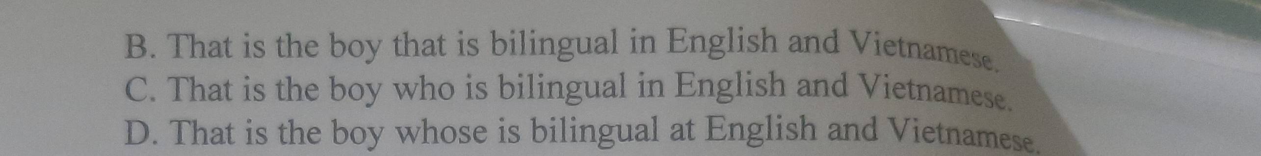 B. That is the boy that is bilingual in English and Vietnamese.
C. That is the boy who is bilingual in English and Vietnamese.
D. That is the boy whose is bilingual at English and Vietnamese.