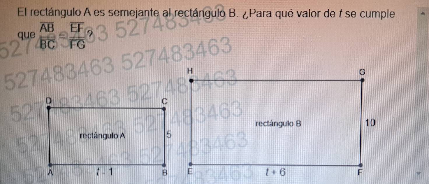 El rectángulo A es semejante al rectángulo B. ¿Para qué valor de t se cumple
que frac overline ABoverline BC=frac overline EFoverline FG