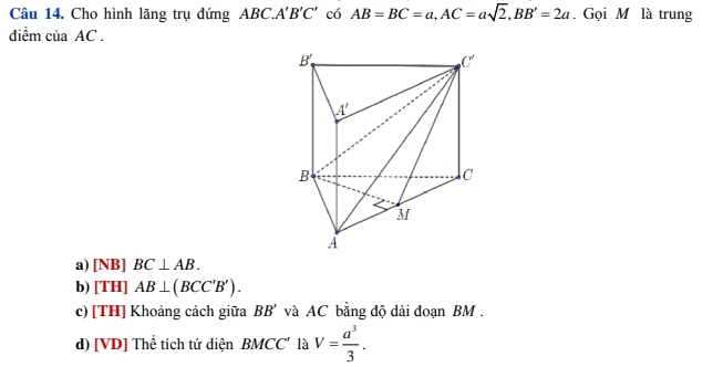 Cho hình lăng trụ đứng ABC.A'B'C' có AB=BC=a,AC=asqrt(2),BB'=2a. Gọi M là trung
diểm của AC .
a) [NB]BC⊥ AB.
b) [TH]AB⊥ (BCC'B').
c) [TH] Khoảng cách giữa BB' và AC bằng độ dài đoạn BM .
d) [VD] Thể tích tứ diện BMCC' là V= a^3/3 .