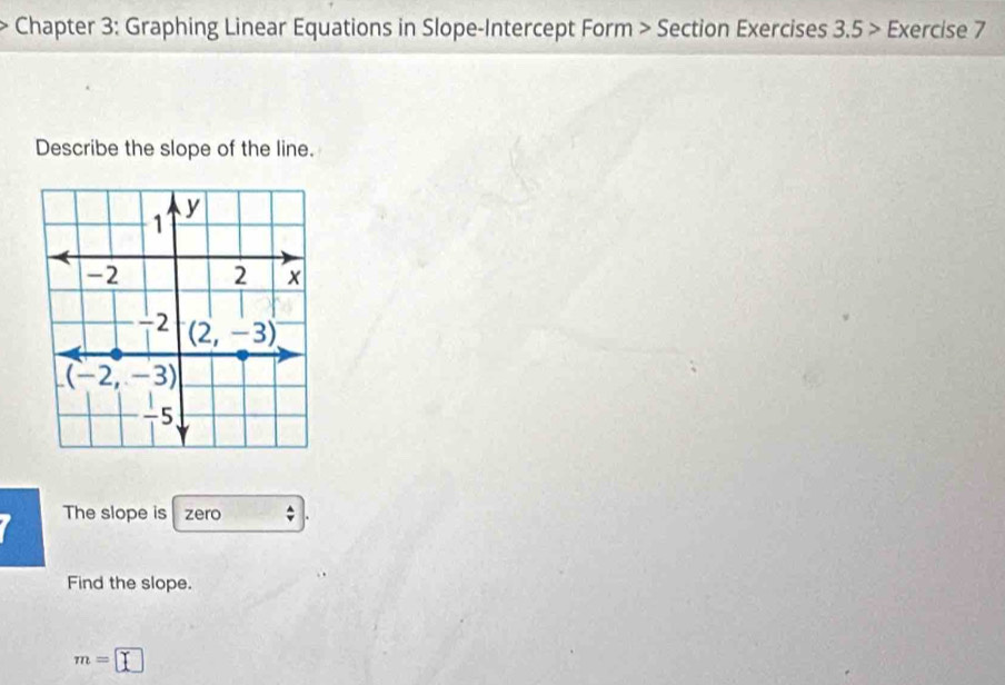 Chapter 3: Graphing Linear Equations in Slope-Intercept Form > Section Exercises 3.5> Exercise 7
Describe the slope of the line.
The slope is zero
Find the slope.
m=□