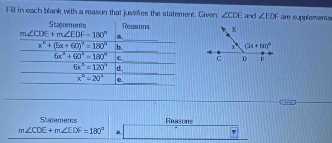 Fill in each blank with a reason that justifies the statement. Given: ∠ CDE and ∠ EDF are supplementar
Statements Reasons
m∠ CDE+m∠ EDF=180° a.