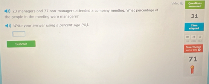 Video ⑤ Questions 
answered 
1) 23 managers and 77 non-managers attended a company meeting. What percentage of 
the people in the meeting were managers? 31 
1) Write your answer using a percent sign (%). Time 
elapsed 
00 28 09
P
Submit 
out of 100 SmartScore
71