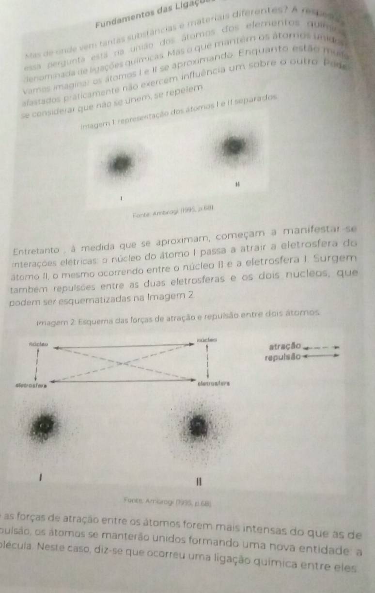 Fundamentos das Ligaços 
stas de ende vem tantas substâncias e materiais diferentes? A respesia 
essa pergunta está na união dos átomos dos elementos químio 
denominada de ligações químicas. Mas o que mantêm os átomos unidas 
vamos imaginar os átomos I e II se aproximando. Enquanto estão muifo 
afastados praticamente não exercem influência um sobre o outro Pade 
se considerar que não se unem, se repelem 
imagem 1 representação dos átomos I é II separados 
Fonte: Ambragi (1995, p.68) 
Entretanto , à medida que se aproximam, começam a manifestar-se 
interações elétricas: o núcleo do átomo I passa a atrair a eletrosfera do 
átomo II, o mesmo ocorrendo entre o núcleo II e a eletrosfera I. Surgem 
também repulsões entre as duas eletrosferas e os dois nucleos, que 
podem ser esquematizadas na Imagem 2. 
Imagem 2: Esquema das forças de atração e repulsão entre dois átomos 
atração 
repulsão 
Fonte: Ambrogi (1999, p.68) 
as forças de atração entre os átomos forem mais intensas do que as de 
puisão, os átomos se manterão unidos formando uma nova entidade: a 
lécula. Neste caso, diz-se que ocorreu uma ligação química entre eles