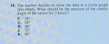 The teacher decides to show the dara in a circle graph
(pin chart). What should be the meavuce of the centstl sagle off the sector for 5 kean ?
18°
G. 70°
H. 36°
72°
K. 32°