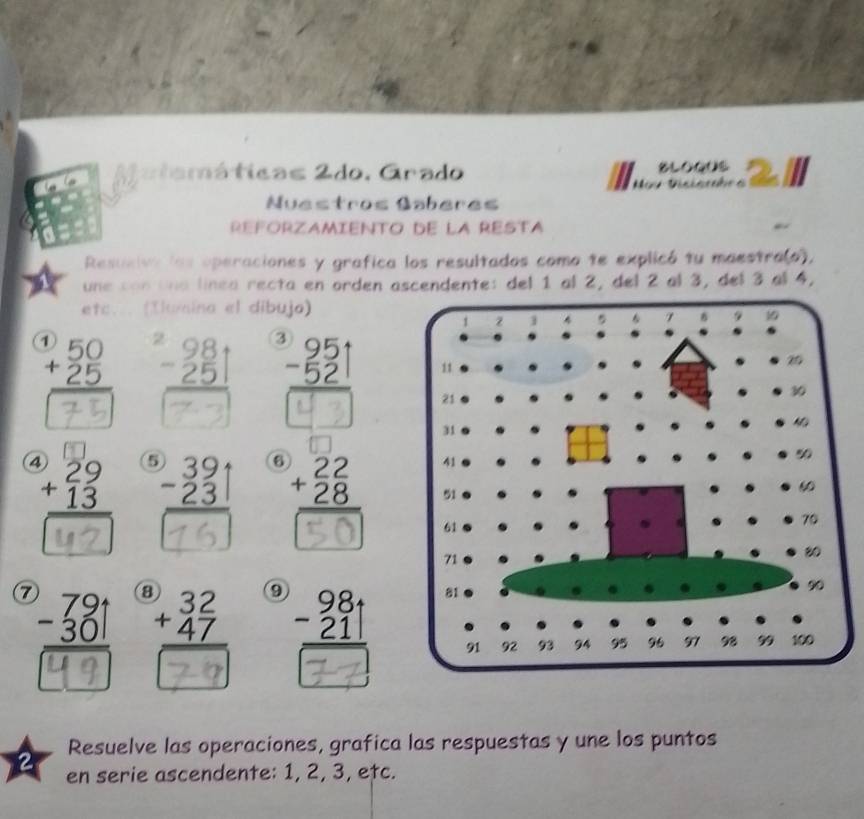 Matamáticas 2do. Grado BLOQUS 2
Nuestros Øaberes
REFÓRZAMIENTO DE LA RESTA
Resunive las operaciones y grafica los resultados como te explicó tu maestra(o),
une can una línea recta en orden ascendente: del 1 al 2, del 2 al 3, del 3 al 4,
etc... (Tlumina el díbujo)
1 2
3
2 28 3
4 5 6 beginarrayr 22 +28 hline endarray
23
7
8 beginarrayr 32 +47 hline endarray 9 beginarrayr 98+ -21 hline □ endarray
381 
77 27
Resuelve las operaciones, grafica las respuestas y une los puntos
en serie ascendente: 1, 2, 3, etc.