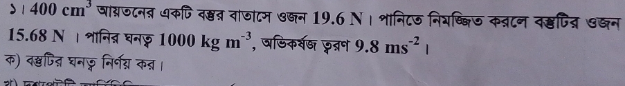 S1 400cm^3 षाबरण८नब धकपि व्् वाजाटम अजन 19.6 N । शानिटज नियष्िज कबटन दद्पित् एख्न
15.68 N । शानिद् घनछ 1000kgm^(-3) , षडिकर्वष पत्रन 9.8ms^(-2)|
क) व्पद् घन् निर्गग्न कन्।