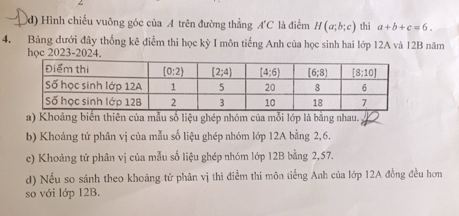 (d) Hình chiếu vuông góc của A trên đường thẳng A'C là điểm H(a;b;c) thì a+b+c=6.
4. Bảng dưới đây thống kê điểm thi học kỳ I môn tiếng Anh của học sinh hai lớp 12A và 12B năm
học 2023-2024.
a) Khoảng biến thiên của mẫu số liệu ghép nhóm của mỗi lớp là bằng nhau.
b) Khoảng tứ phân vị của mẫu số liệu ghép nhóm lớp 12A bằng 2,6.
c) Khoảng tứ phân vị của mẫu số liệu ghép nhóm lớp 12B bằng 2,57.
d) Nếu so sánh theo khoảng tứ phân vị thì điểm thi môn tiếng Anh của lớp 12A đồng đều hơn
so với lớp 12B.