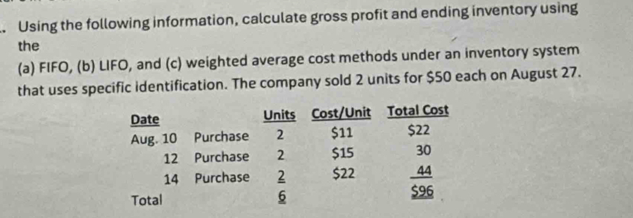 Using the following information, calculate gross profit and ending inventory using 
the 
(a) FIFO, (b) LIFO, and (c) weighted average cost methods under an inventory system 
that uses specific identification. The company sold 2 units for $50 each on August 27.