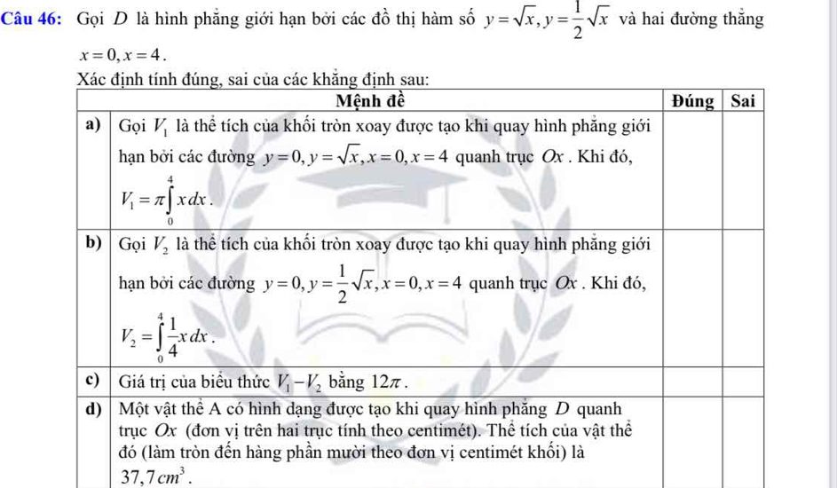 Gọi D là hình phẳng giới hạn bởi các đồ thị hàm số y=sqrt(x),y= 1/2 sqrt(x) và hai đường thắng
x=0,x=4.
37,7cm^3.