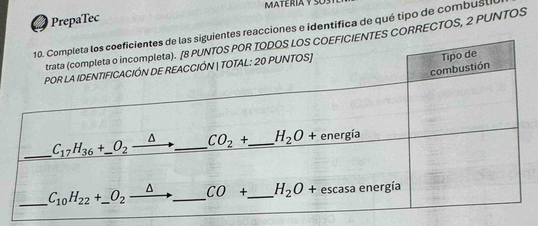 MATERIA Y SUS
PrepaTec
acciones e identifica de qué tipo de combusli
CORRECTOS, 2 PUNTOS