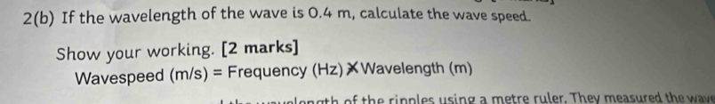 2(b) If the wavelength of the wave is 0.4 m, calculate the wave speed. 
Show your working. [2 marks] 
Wavespeed (m/s)= Frequency (Hz)XWavelength (m) 
th e ri n p les using a metre ruler. They measured the w a ve