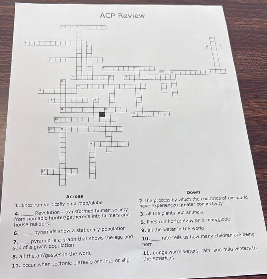 ACP Review 
Across 
1. lines run vertically on a map/globe 2. the process by which the countries of the world 
4. Revolution - transformed human society have experienced greater connectivity 
from nomadic hunter/gatherer's into farmers and 3. all the plants and animals 
house builders 5. lines run horizontally on a map/globe 
6. pyramids show a stationary population 9. all the water in the world 
7. __pyramid is a graph that shows the age and 10._ rate tells us how many children are being 
sex of a given population born 
8. all the air/gasses in the world 11. brings warm waters, rain, and mild winters to 
11. occur when tectonic plates crash into or slip the Americas