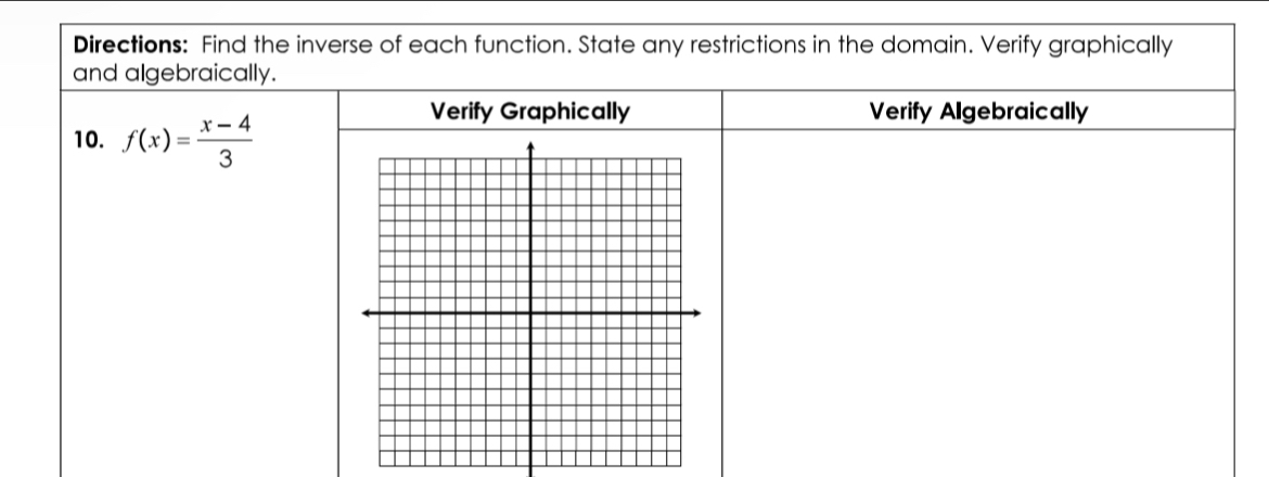 Directions: Find the inverse of each function. State any restrictions in the domain. Verify graphically 
and algebraically. 
10. f(x)= (x-4)/3 
Verify Graphically Verify Algebraically